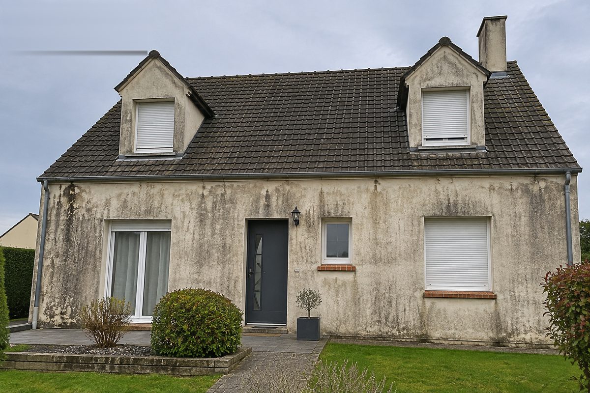 Façade avant ravalement complet d'une maison, enduit encrassé et couvert de traces