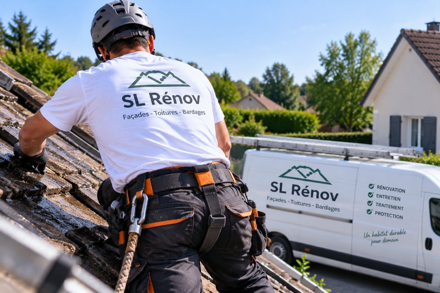 Intervention de rénovation extérieure sur une toiture, véhicule d'entreprise en contrebas