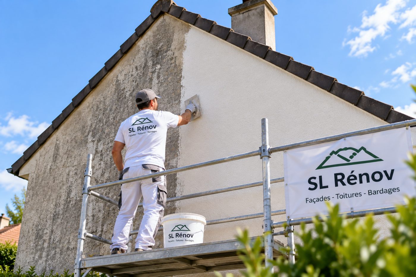 Ravalement de façade : mur dont une partie a été remise en état